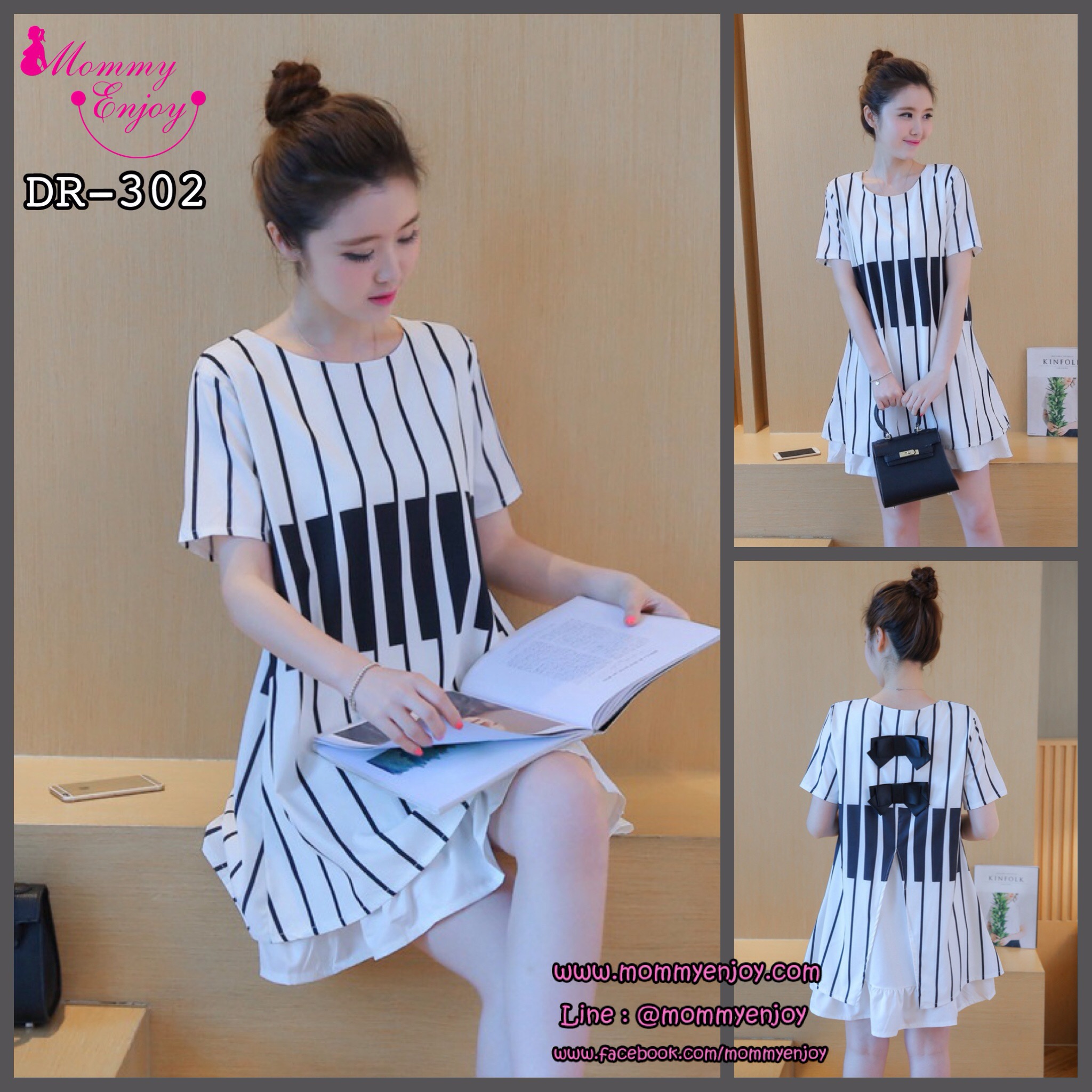 ชุดคลุมท้องแขนสั้น ลายเปียโน เนื้อผ้าละเอียด โบว์หลังเพิ่มความน่ารัก M,L,XL,XXL