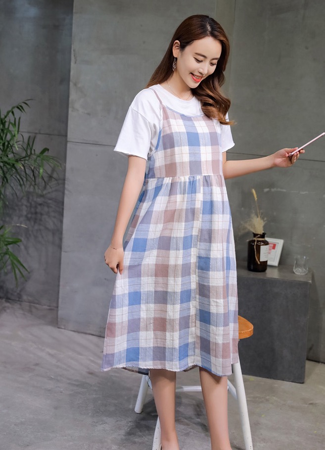 เอี๊ยมกระโปรงคลุมท้องยาว ลายสก๊อต สีสันน่ารัก + เสื้อยืดสีขาว M,L,XL,XXL
