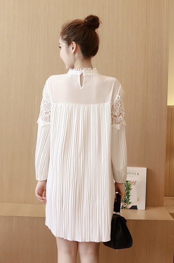 เดรสคลุมท้อง ลูกไม้ขาว แขนยาว ด้านบนซีทรู M,L,XL,XXL