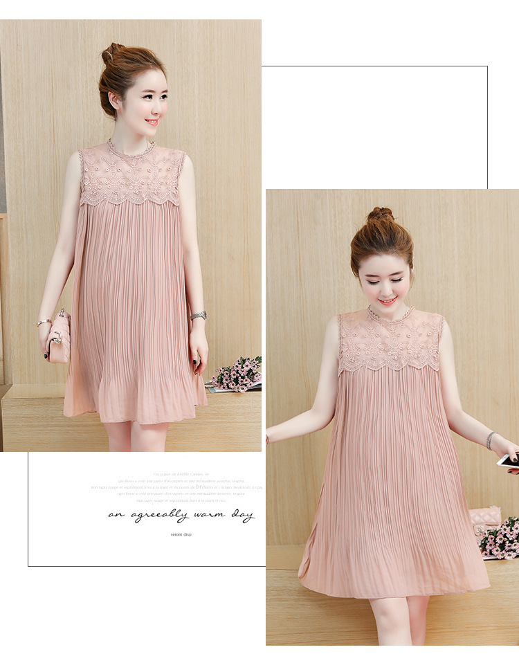 ชุดคลุมท้องแฟชั่นเกาหลีแขนกุด ผ้าชีฟองอัดพรีท ช่วงบนเป็นลูกไม้ซีทรู เรียบหรูน่ารัก M L XL XXL