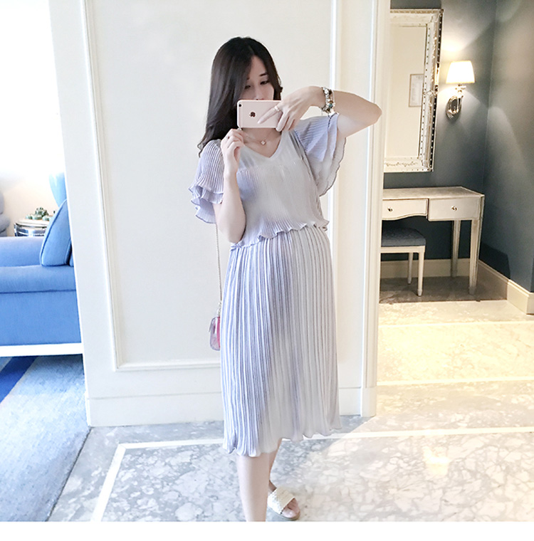 ชุดคลุมท้องแฟชั่น สีเทา ชุดสวยอัดพรีททั้งชุด แขนระบาย M L XL XXL