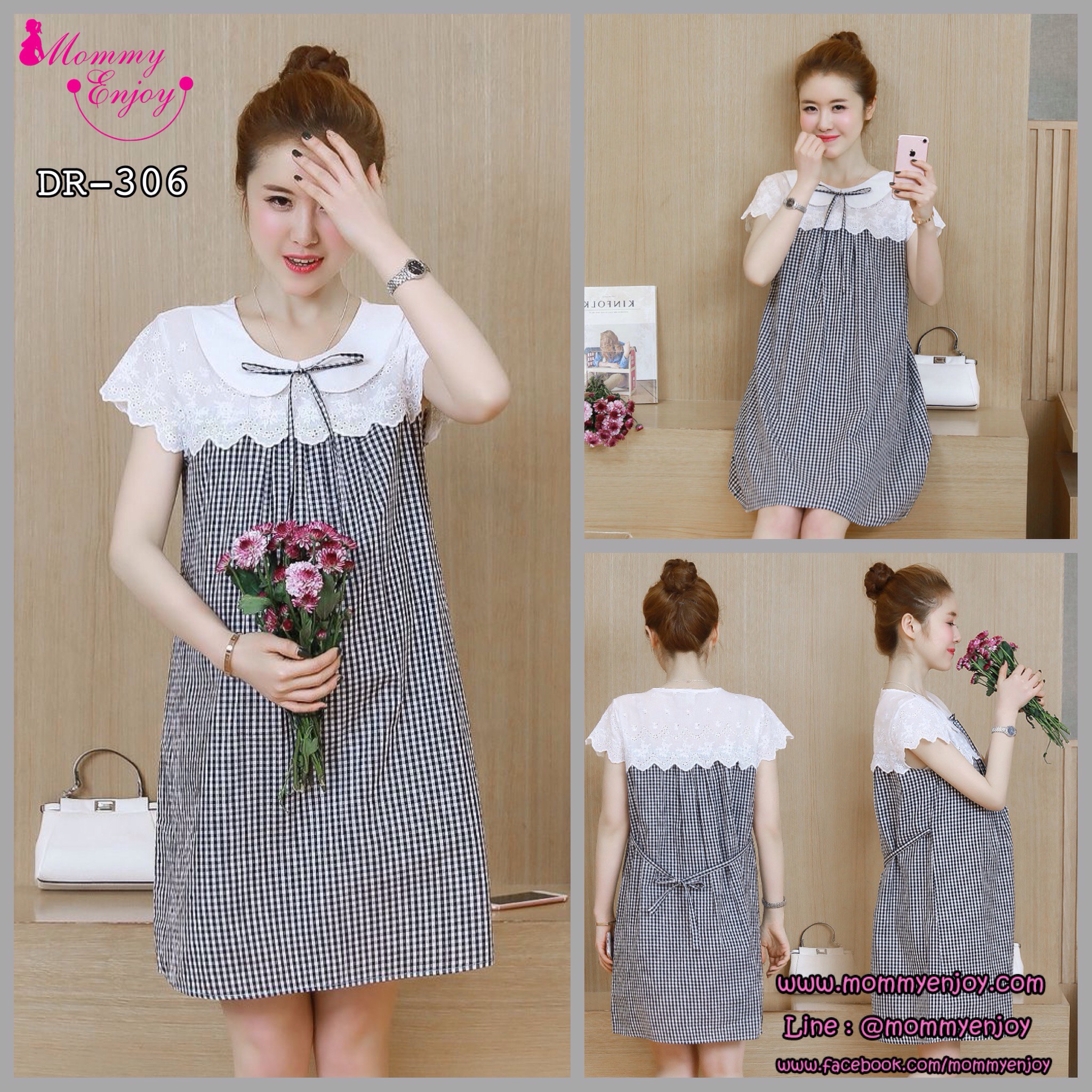 ชุดคลุมท้องทรงน่ารัก ผ้าฝ้าย ช่วงรอบอกประดับด้วยลูกไม้ มีเชือกผูกปรับขนาดครรภ์ด้านหน้า M L XL XXL