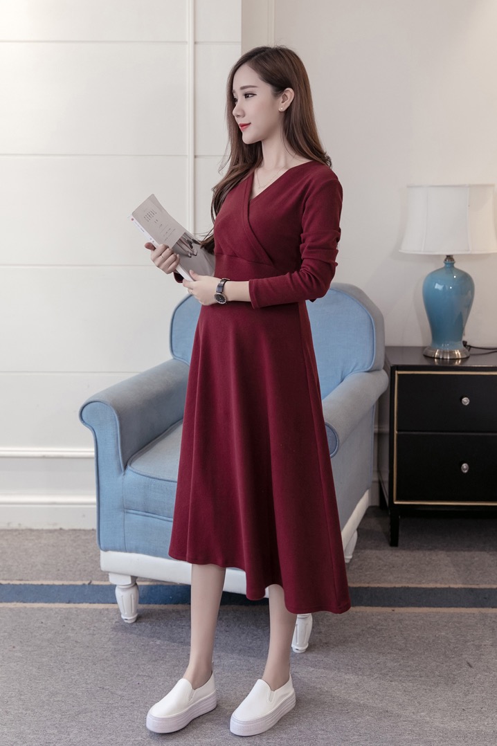 ชุดคลุมท้องแฟชั่นเกาหลี แขนยาว ผ้ายืดเนื้อนิ่ม เนื้อผ้าคุณภาพดี มีเชือกปรับขนาดครรภ์ M L XL XXL