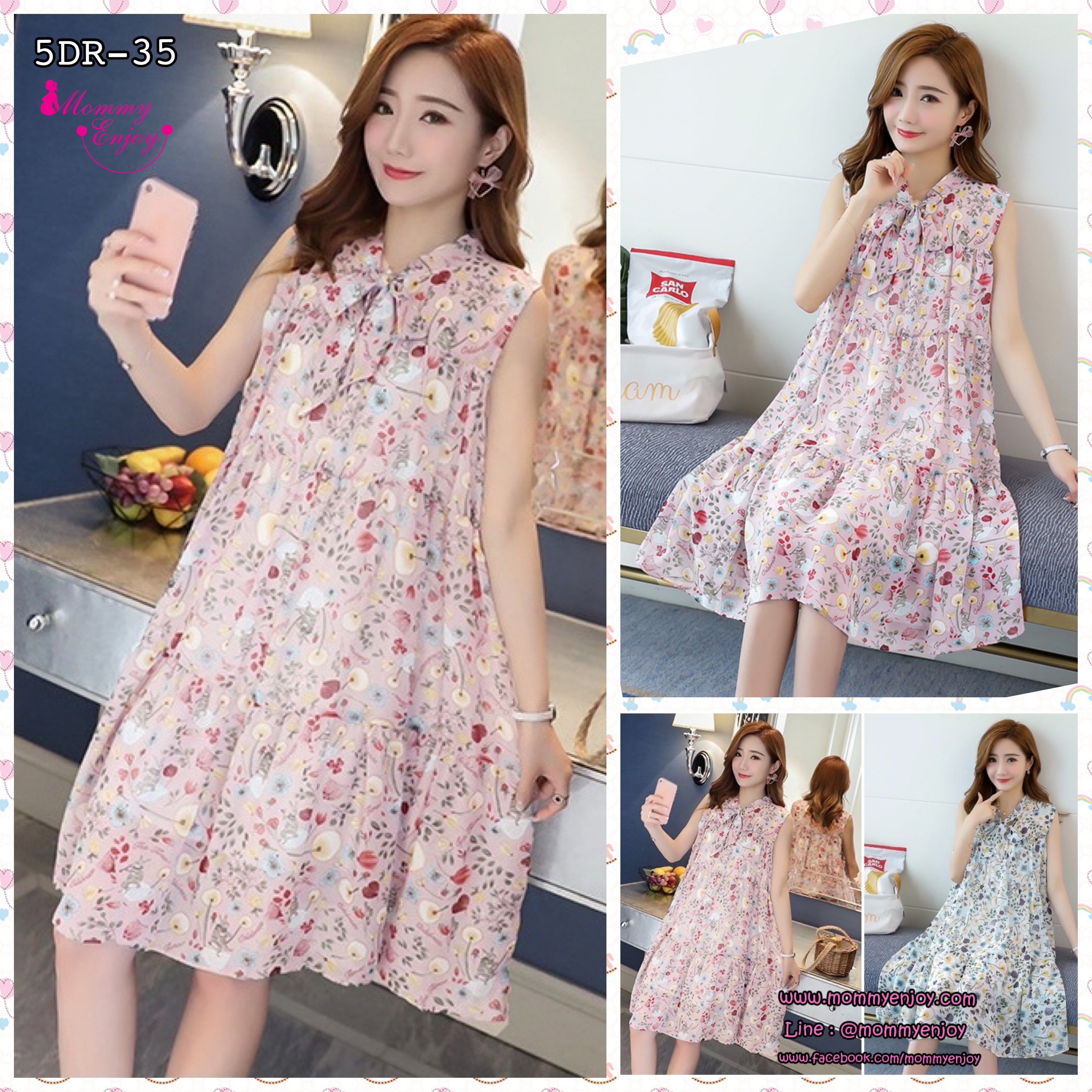 เดรสคลุมท้องแฟชั่นเกาหลี ผ้าชีฟอง แขนกุด มีซับใน ลายน่ารัก M L XL XXL