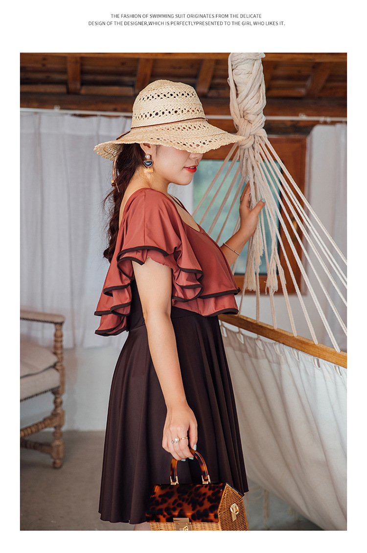 ชุดว่ายน้ำคนอ้วน 5xl ชุดเที่ยวทะเลพร้อมส่ง :ชุดว่ายน้ำไซส์ใหญ่แฟชั่นสีน้ำตาลแต่งระบาย มีกางเกงขาสั้นใส่ด้านในแบบสวย น่ารักมากๆจ้า:รอบอก40-48นิ้ว เอว36-46นิ้ว สะโพก40-52นิ้ว