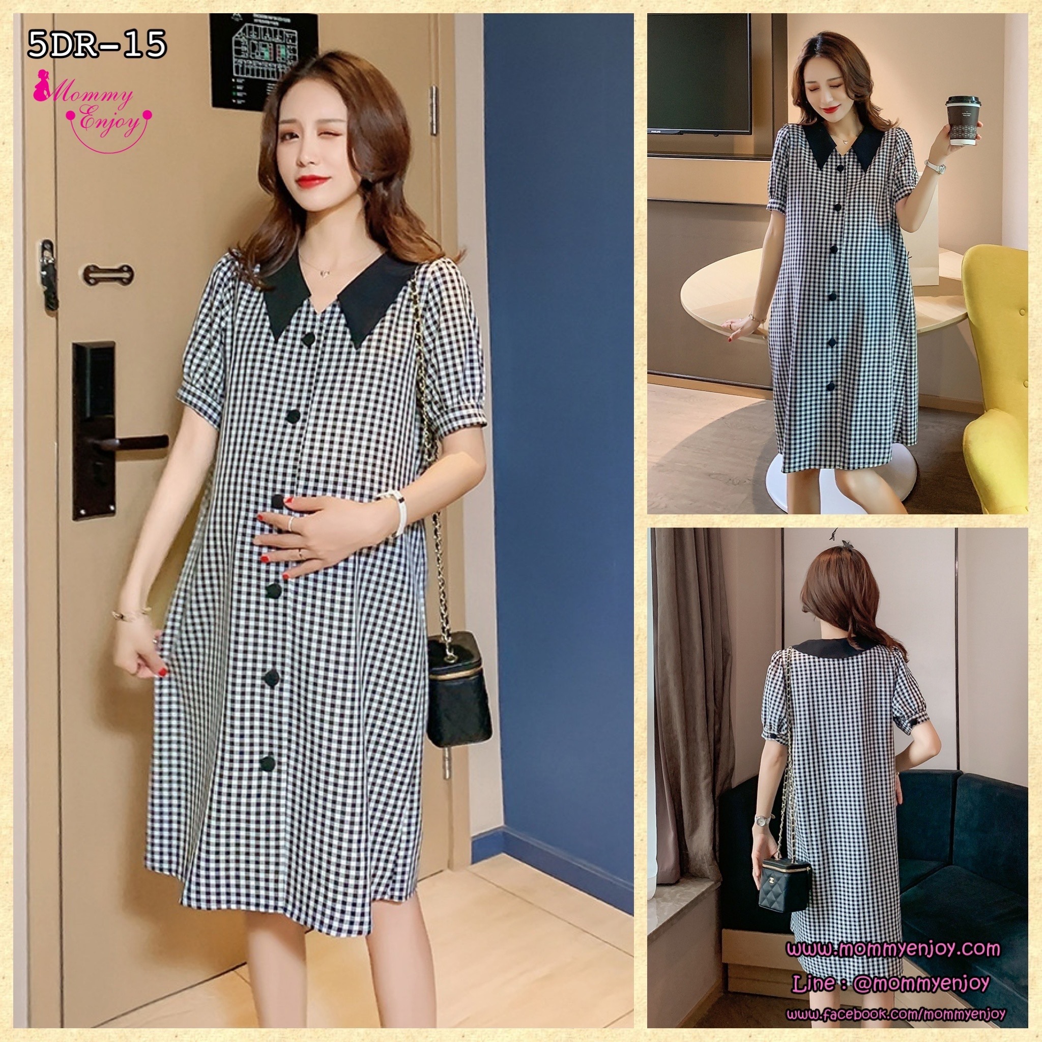 เดรสคลุมท้องแฟชั่น คอปก กระดุมแกะเปิดให้นมได้ แขนตุ๊กตาน่ารัก ทรงสวย M L XL XXL