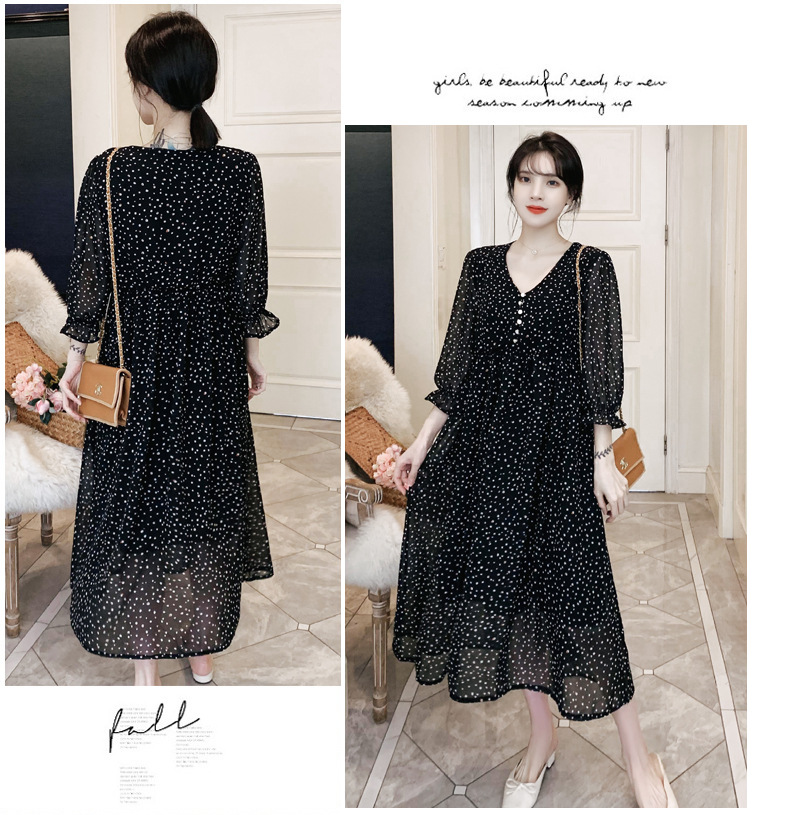 เดรสคลุมท้องแฟชั่น ผ้าชีฟองลายจุด แขน4 ส่วน ทำระบายปลายแขน ผ้านิ่ม มีซับใน ใส่สบายถึงคลอด M L XL XXL