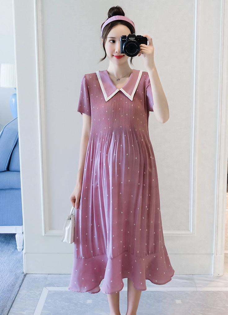 เดรสคลุมท้องแฟชั่น ผ้าชีฟองคอปก อัดพรีท มีซับใน ชุดยาว น่ารัก สีสวย M L XL XXL