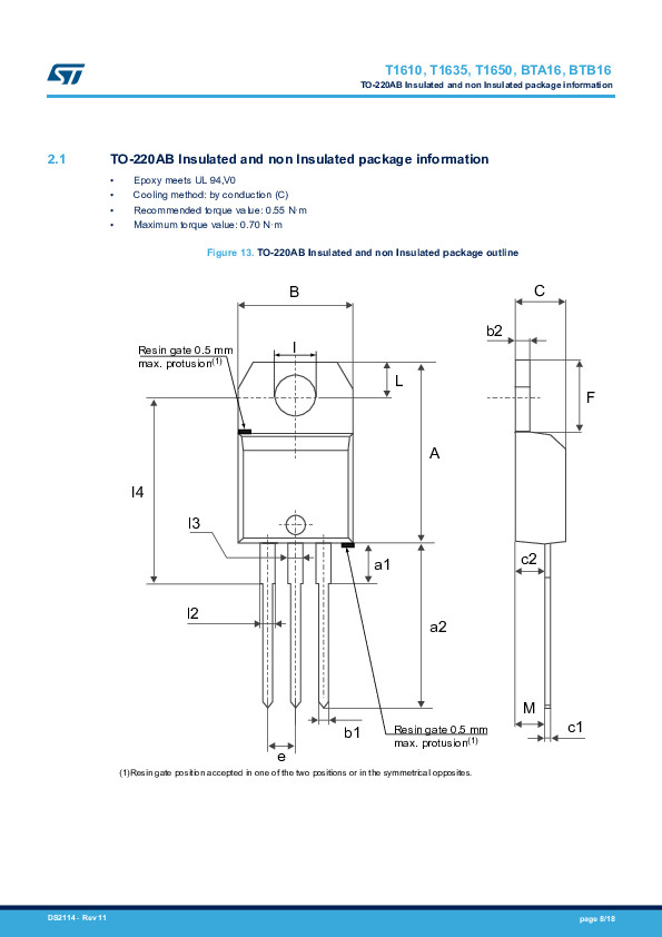 TRIAC BTA16-600B ST ไตรแอค 16A 600V Gate Trigger Current 100mA