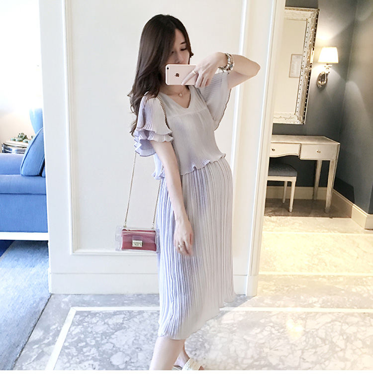 ชุดคลุมท้องแฟชั่น สีเทา ชุดสวยอัดพรีททั้งชุด แขนระบาย M L XL XXL