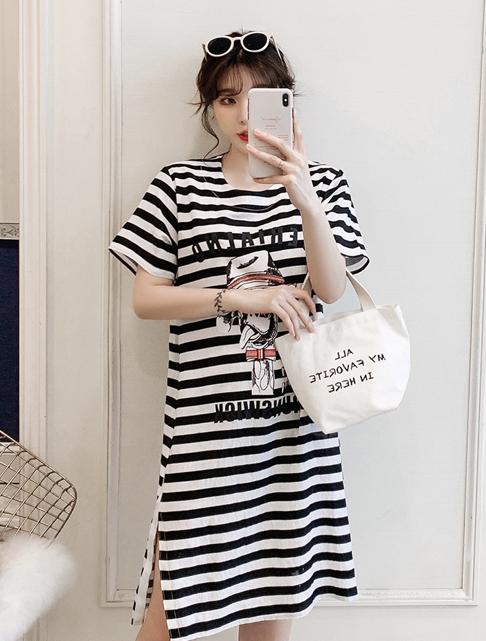 ชุดคลุมท้องแฟชั่นแขนสั้น ลายทาง สไตล์วินเทจ ผ่าข้าง น่ารัก ชิคๆ M L XL XXL