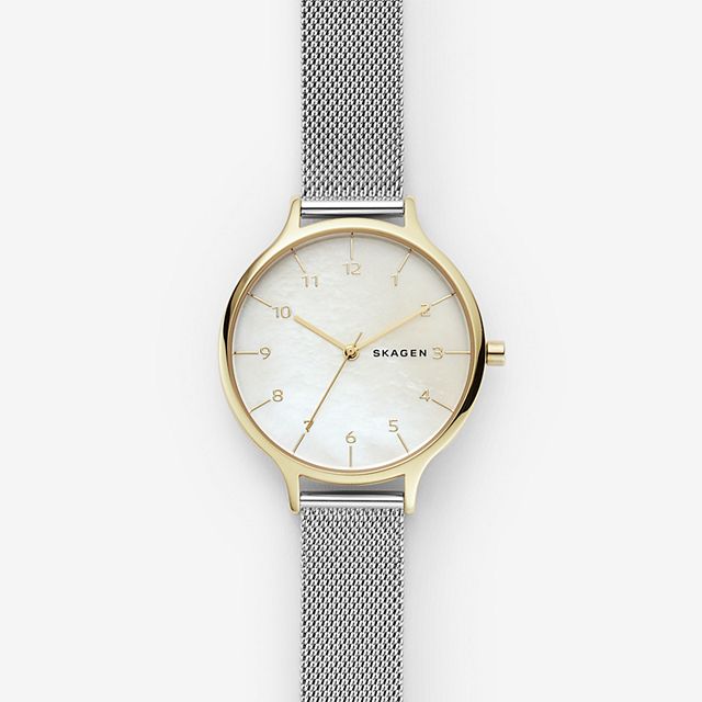 Skagen SKW2702 นาฬิกาผู้หญิง Skagen รุ่น SKW2702, Anita Two-Tone Steel-Mesh Mother of Pearl Quartz Women's Watch
