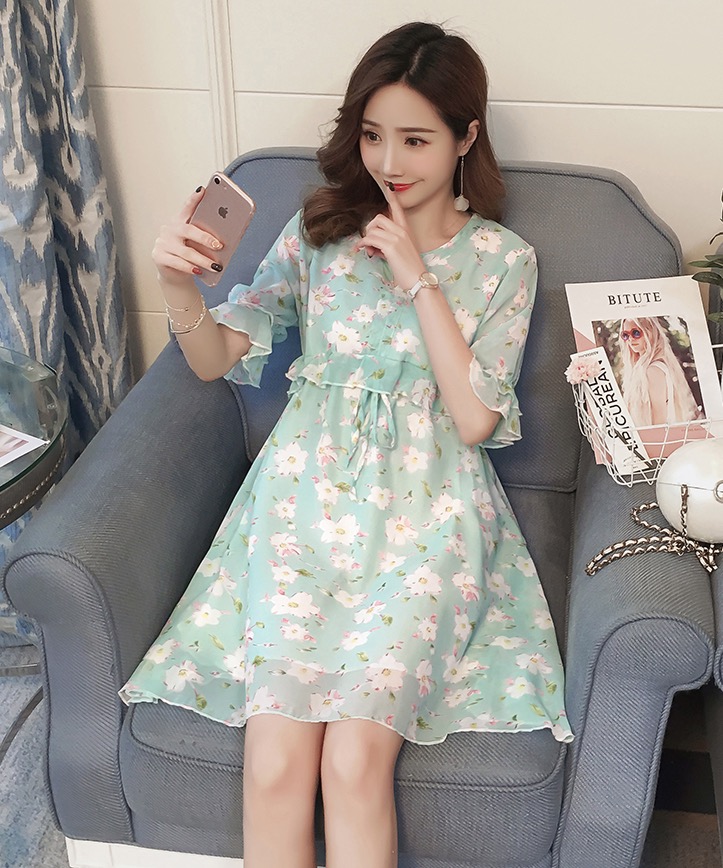 ชุดคลุมท้องแขนระบาย ผ้าชีฟองมีซับใน มีเชือกผูกด้านหน้า น่ารักมากค่ะ M L XL XXL