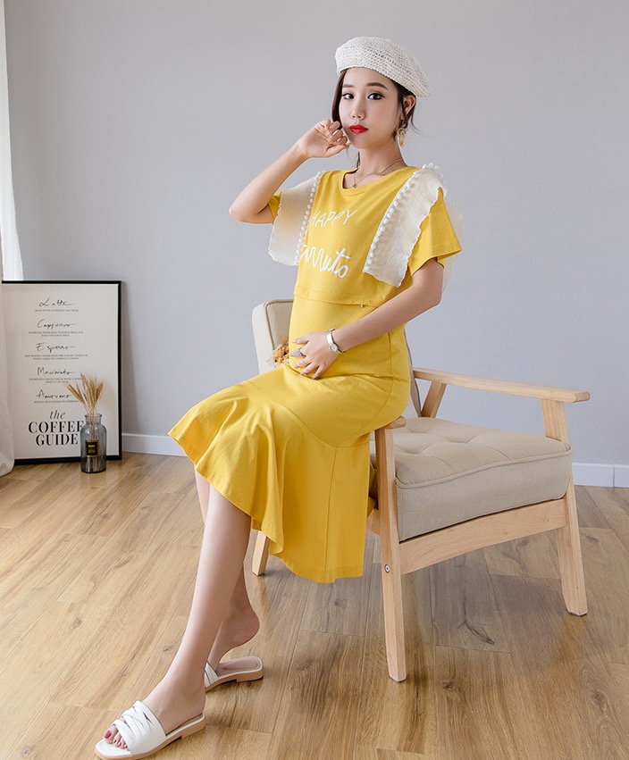 เดรสคลุมท้องแฟชั่นเกาหลี แบบวินเทจ ผ้านิ่ม เปิดให้นมแนวนอน แต่งช่วงไหล่ให้ดูน่ารัก M L XL XXL