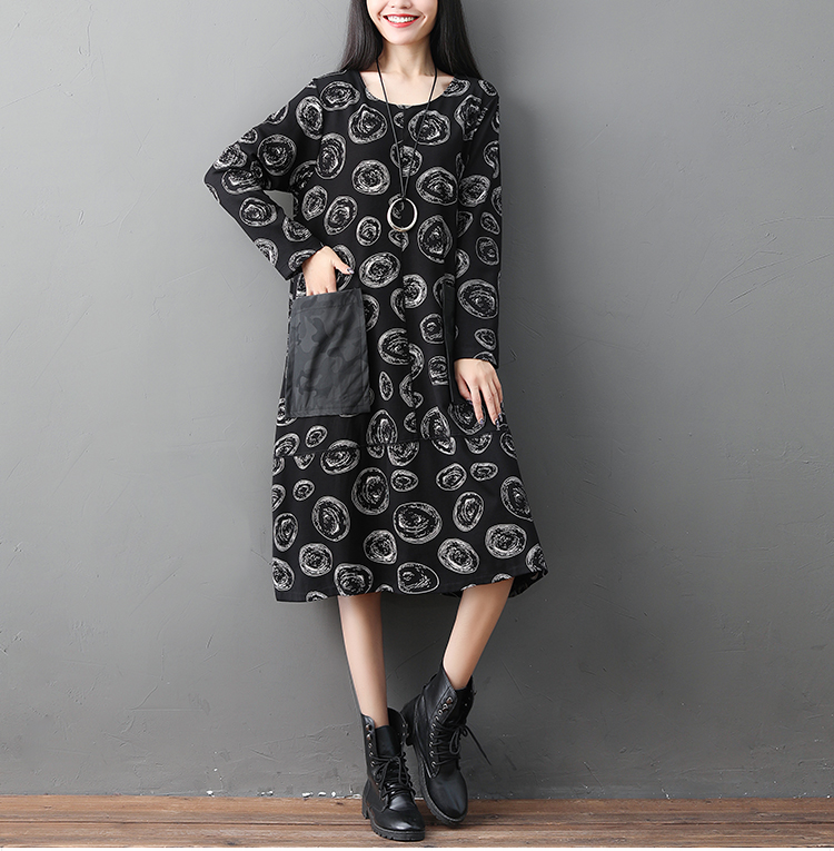 เดรสคลุมท้องสไตล์วินเทจแขนยาว ลายน่ารักชิคมาก กระเป๋าใหญ่ ใส่สบายสุดๆ M L XL,XXL