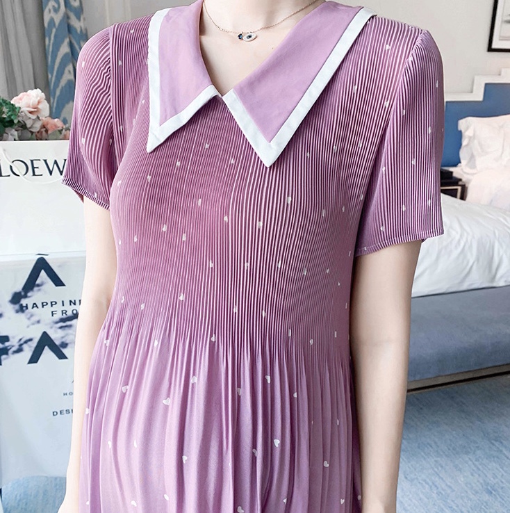 เดรสคลุมท้องแฟชั่น ผ้าชีฟองคอปก อัดพรีท มีซับใน ชุดยาว น่ารัก สีสวย M L XL XXL