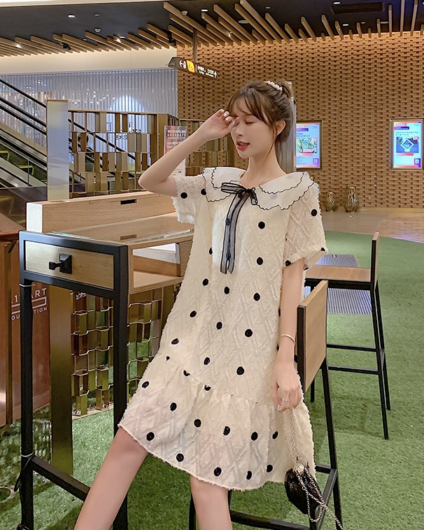 เดรสคลุมท้องแฟชั่นเกาหลี คอปก 2 ชั้น ผ้าตุ๊กตา มีซับใน แต่งด้วยโบว์ ช่วงท้องใส่ได้ถึงคลอด M L XL XXL