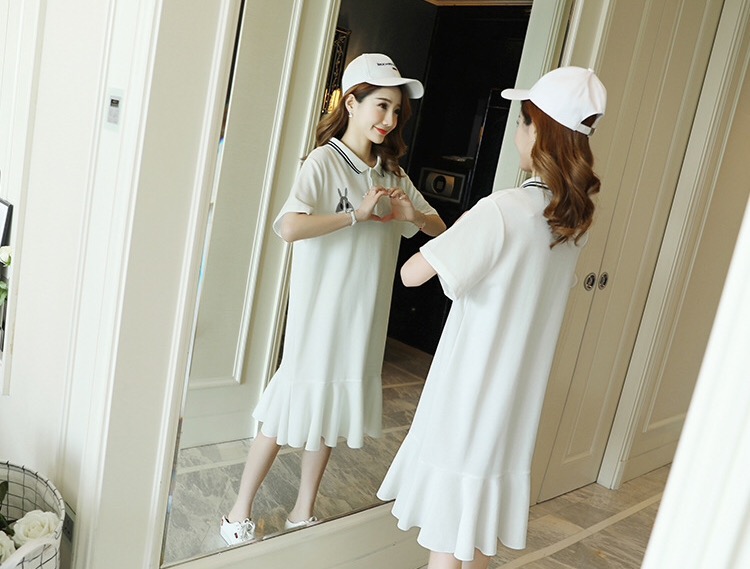 เดรสคลุมท้องแฟชั่นเกาหลี ผ้ายืด คอโปโล ทรงหางปลา น่ารักมากค่ะ M L XL XXL