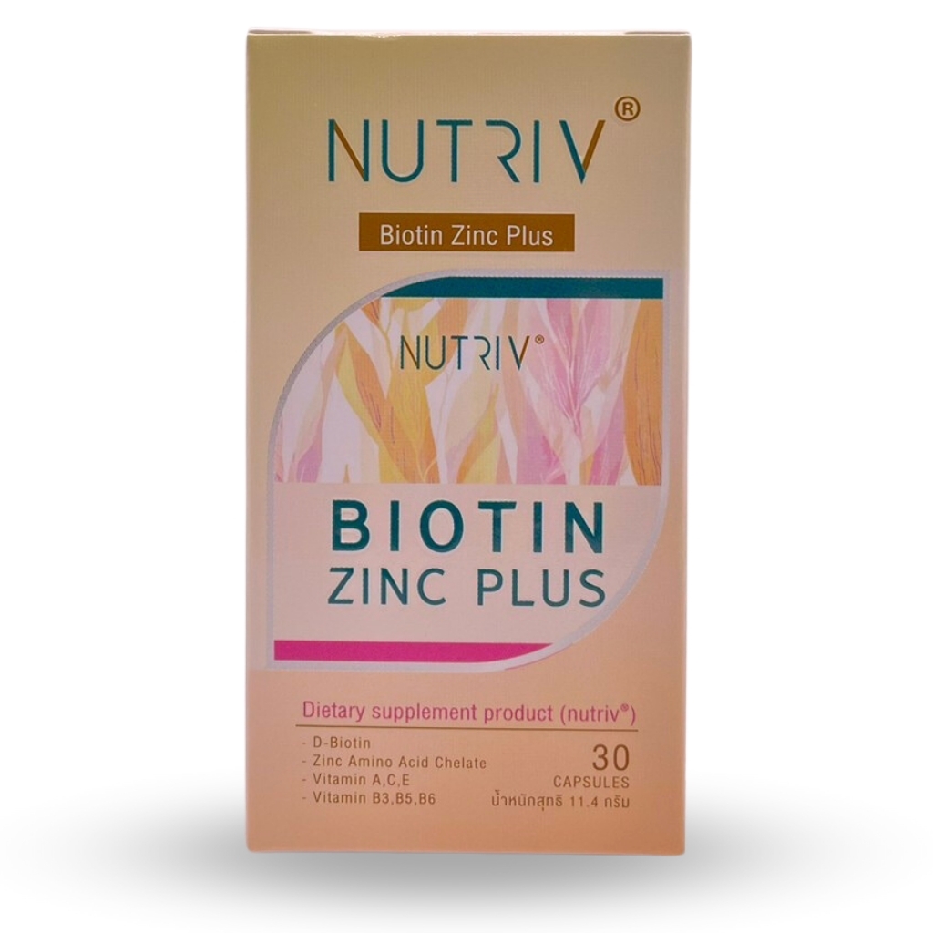NUTRIV Biotin Zinc Plus (นูทรีฟ ไบโอติน ผสม ซิงค์ พลัส) อาหารเสริมบำรุงเส้นผม ลดผมร่วง 30 แคปซูล