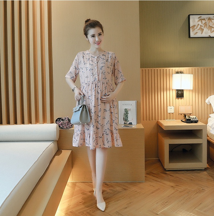 เดรสคนท้อง ชมพูลายดอกไม้ ผ้านิ่มใส่สบาย M,L,XL,XXL