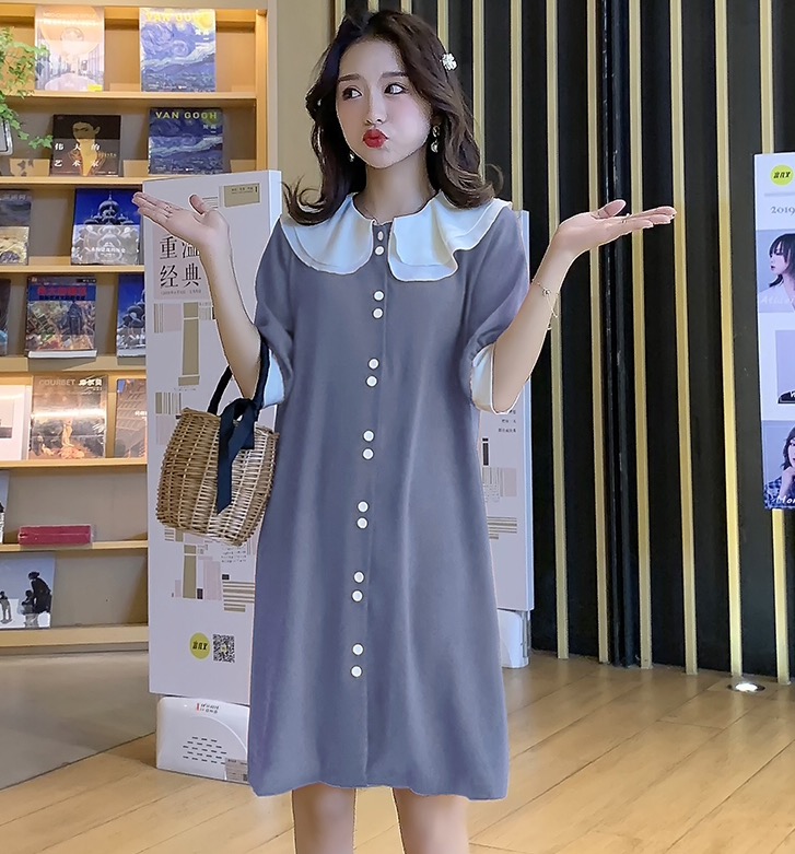 เดรสคลุมท้องแฟชั่น ทรงตุ๊กตา คอบัว กระดุมเปิดให้นมได้ ช่วงปก ทำย่นเพิ่มความน่ารัก M L XL XXL