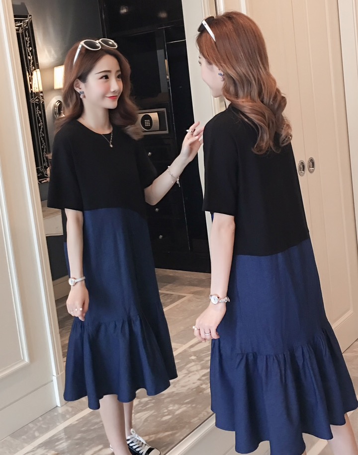 ชุดคลุมท้องเดรส ช่วงบนเป็นผ้ายืดนิ่ม ด้านล่างเป็นผ้ายีนส์ ปลายทำระบาย ใส่สบายสุดๆ M L XL XXL