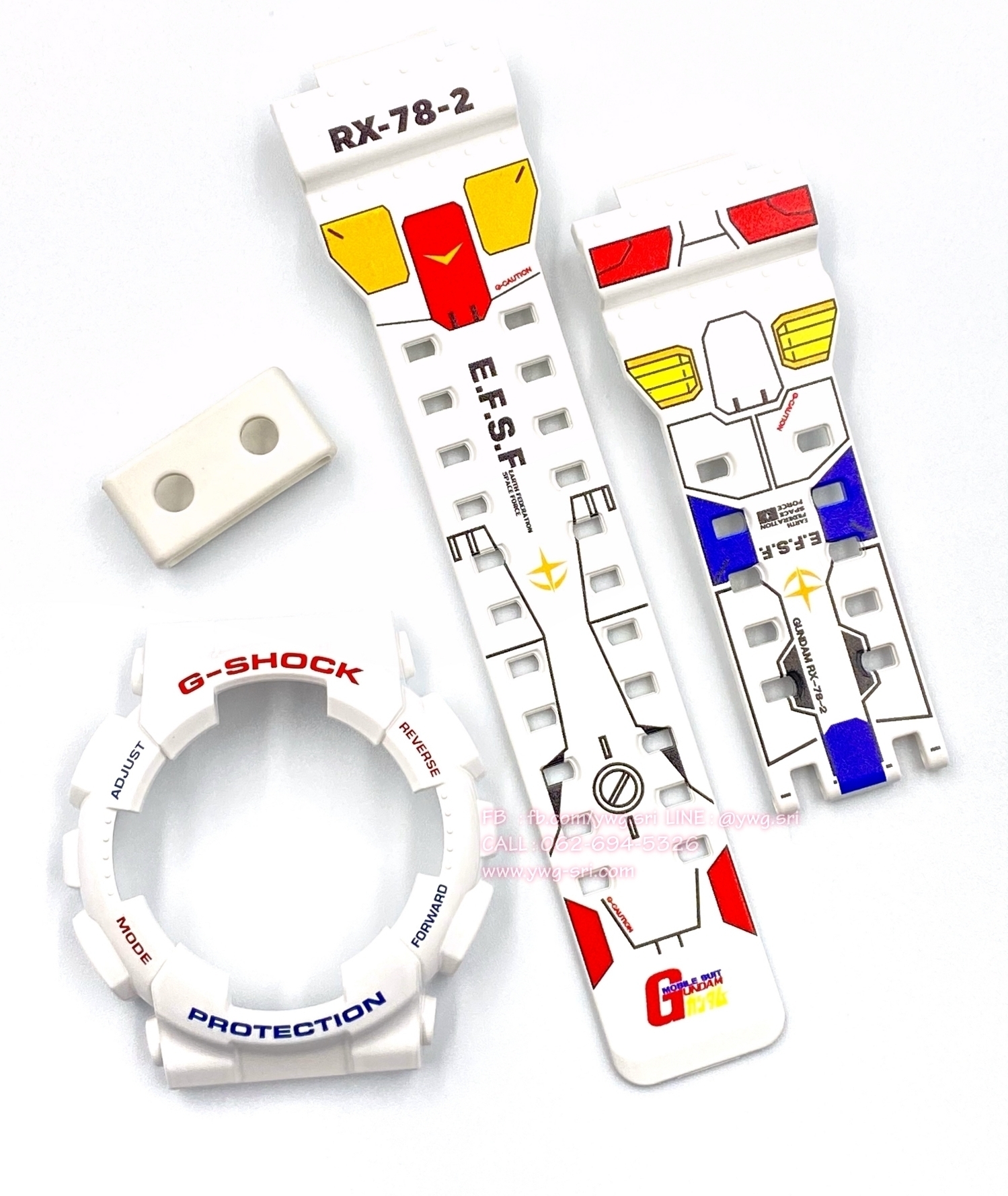 กรอบสาย G-SHOCK แท้✅ สีขาวเงา ฟอนต์แดงสลับน้ำเงิน สกรีนลาย Gundam RX-78-2 ใส่ได้กับรุ่น GA-100 ,GA-110 ,GA-120 ,GA-140 ,GAX-100 ,GD-100 ,GD-120