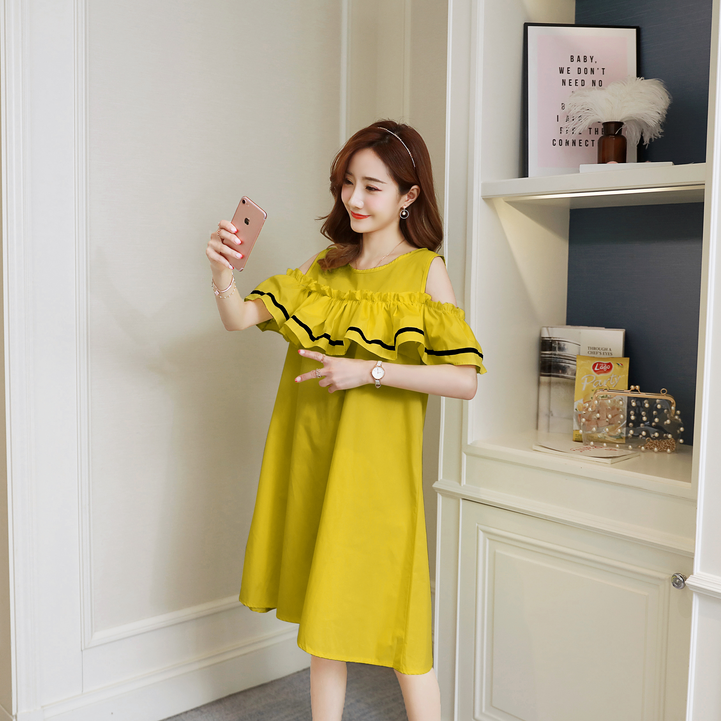 เดรสคลุมท้องแฟชั่นเปิดไหล่ ทำระบายช่วงอก รอบท้องใหญ่ใส่ได้ถึงคลอด M L XL,XXL