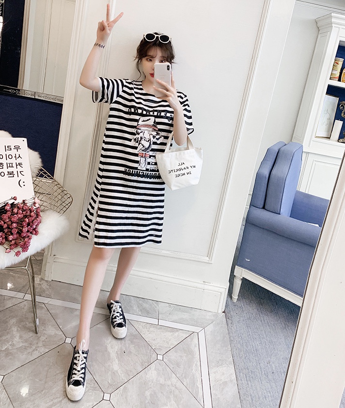 ชุดคลุมท้องแฟชั่นแขนสั้น ลายทาง สไตล์วินเทจ ผ่าข้าง น่ารัก ชิคๆ M L XL XXL