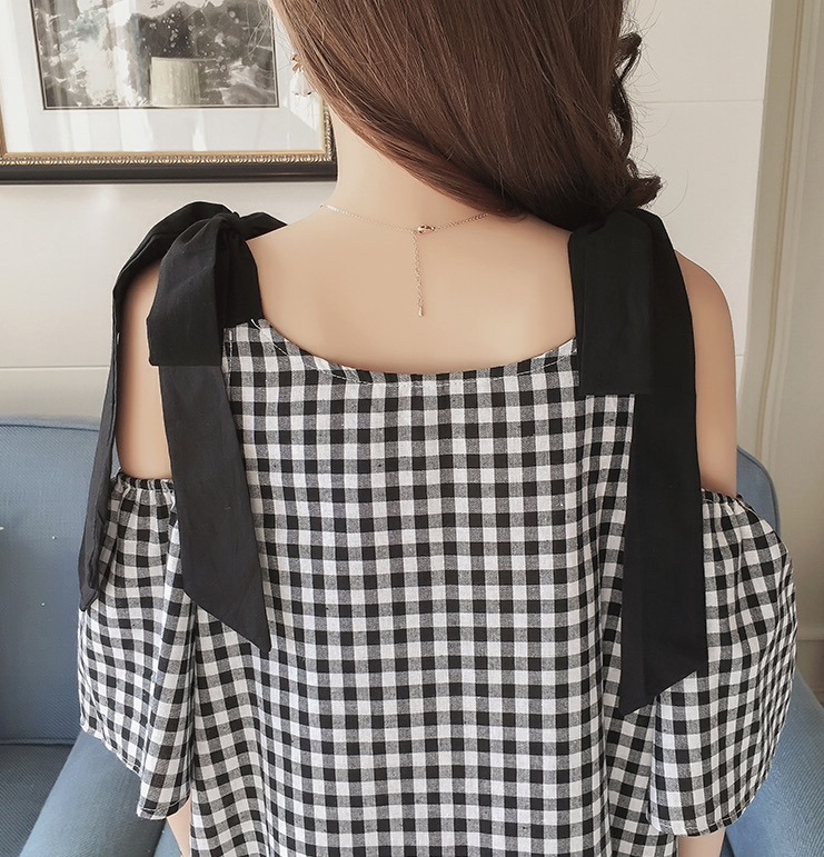 เดรสคลุมท้องแฟชั่นเปิดไหล่ ให้นมได้ ผูกโบว์ที่ไหล่ ลายสก๊อตเล็ก น่ารักมากๆ M,L,XL,XXL