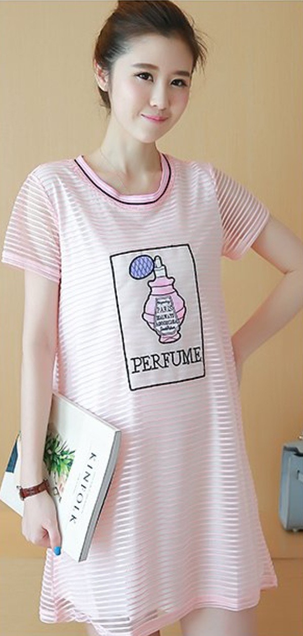 เดรสคลุมท้องสไตล์เกาหลี ผ้าไหมแก้ว ลายน่ารัก มีซับในทั้งชุด M,L,XL,XXL