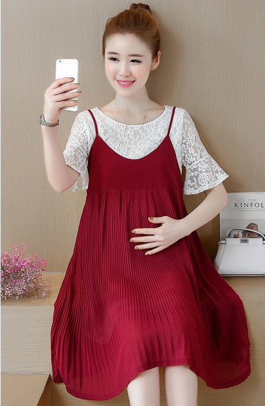 เอี๊ยมกระโปรงคลุมท้องยาว ผ้าชีฟองอัดพรีท มาพร้อมเสื้อลูกไม้น่ารักสีขาว M,L,XL,XXL