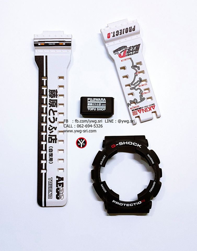 กรอบสาย G-SHOCK แท้✅ กรอบดำฟอนต์ขาวสลับแดง สายขาวสกรีนลาย Initial D Toyota AE86 ใส่ได้รับรุ่น GA-100 ,GA-110 ,GA-120 ,GD-100 ,GD-120