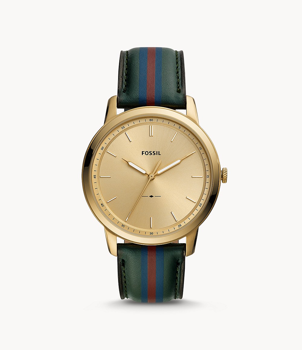 Fossil FS5598 นาฬิกาผู้ชาย The Minimalist Three-Hand Striped Dark Green Leather Quartz Men's Watch