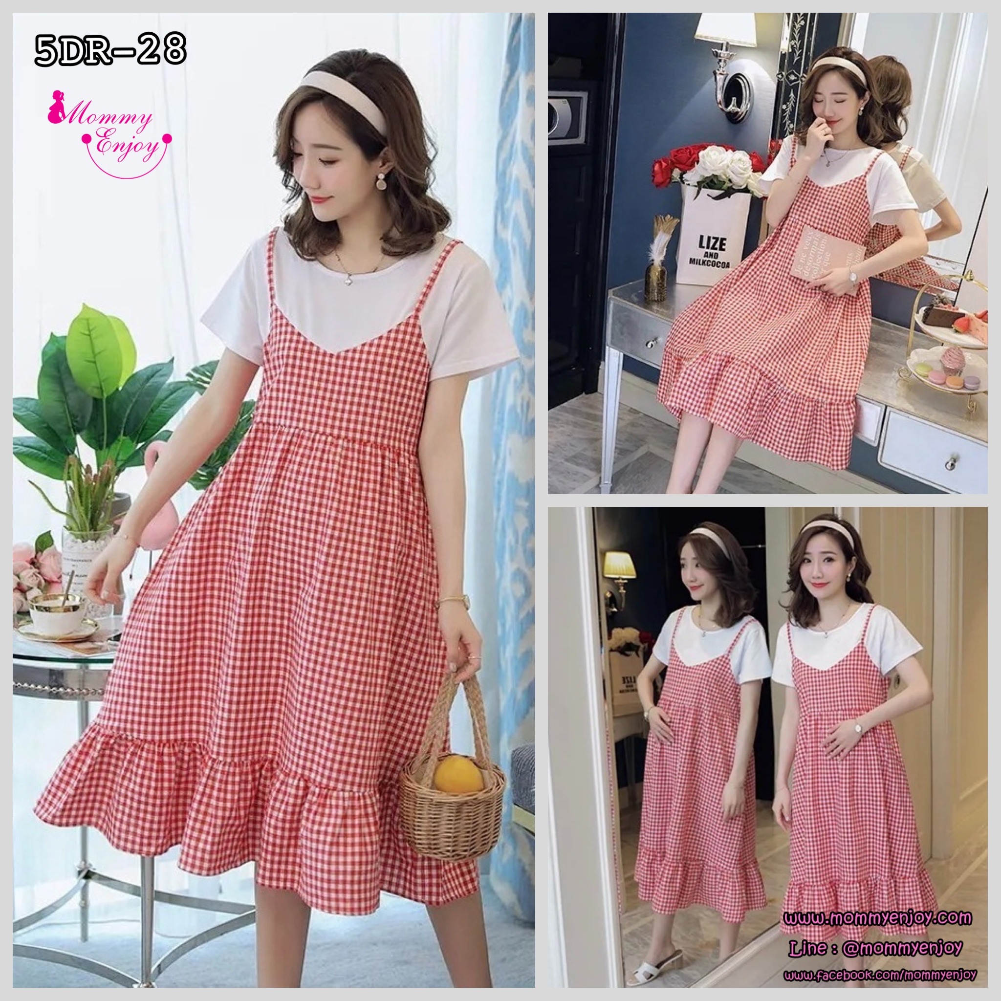 ชุดคลุมท้องแฟชั่นแขนสั้น เอี๊ยมหลอกเย็บติดเป็นชุดเดียวกัน น่ารัก ผ้านิ่มมาก M L XL XXL 3XL 4XL