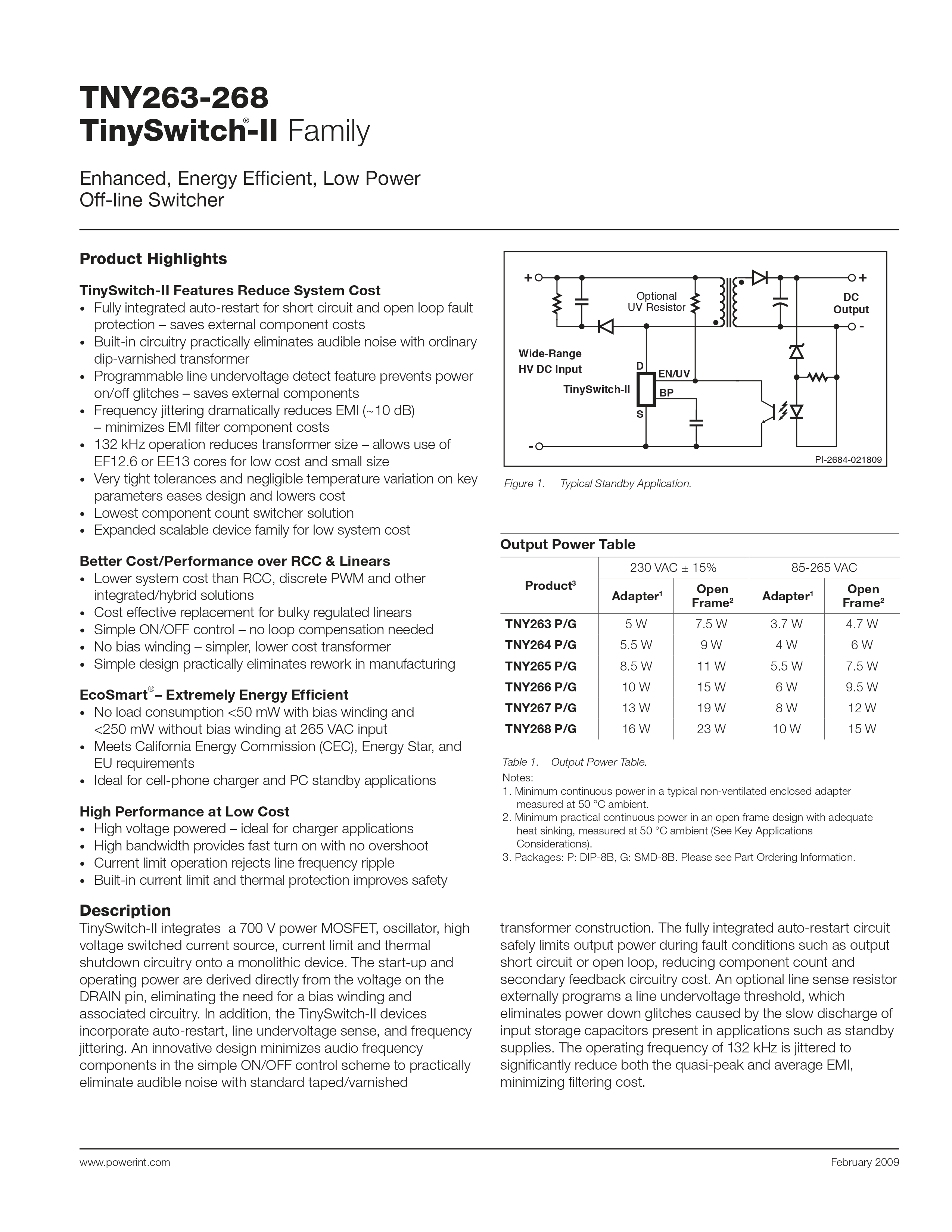 IC TNY267PN Power Integrations AC-DC Converter Low Power Off-Line Switcher EcoSmart, Output Power 19W at 230VAC ไอซี DIP-7