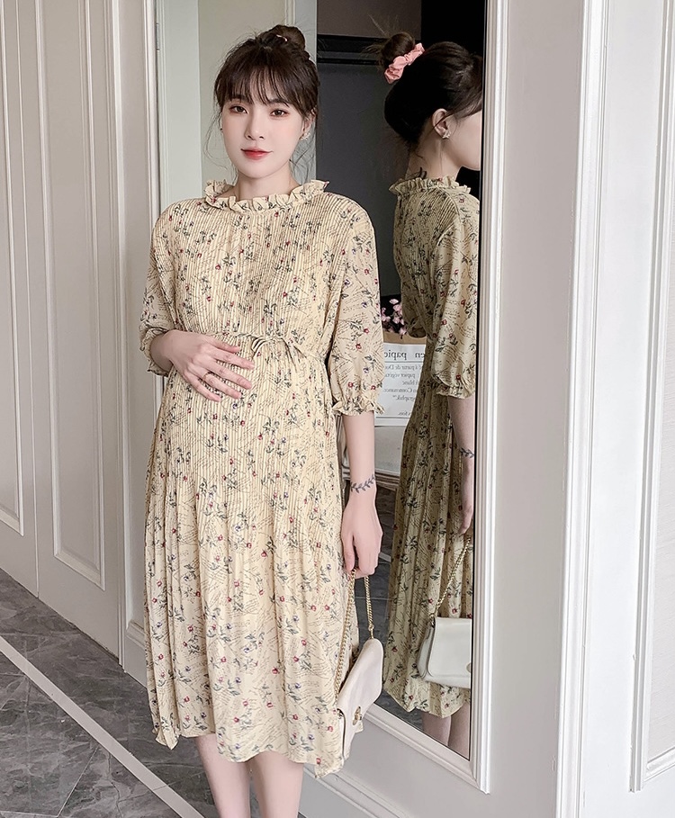 เดรสคลุมท้องแฟชั่น แขนจั้ม3ส่วน ผ้าชีฟองอัดพรีทเล็กช่วงบน สวยมาก มีซับใน มีเชือกผูกอิสระ M L XL XXL