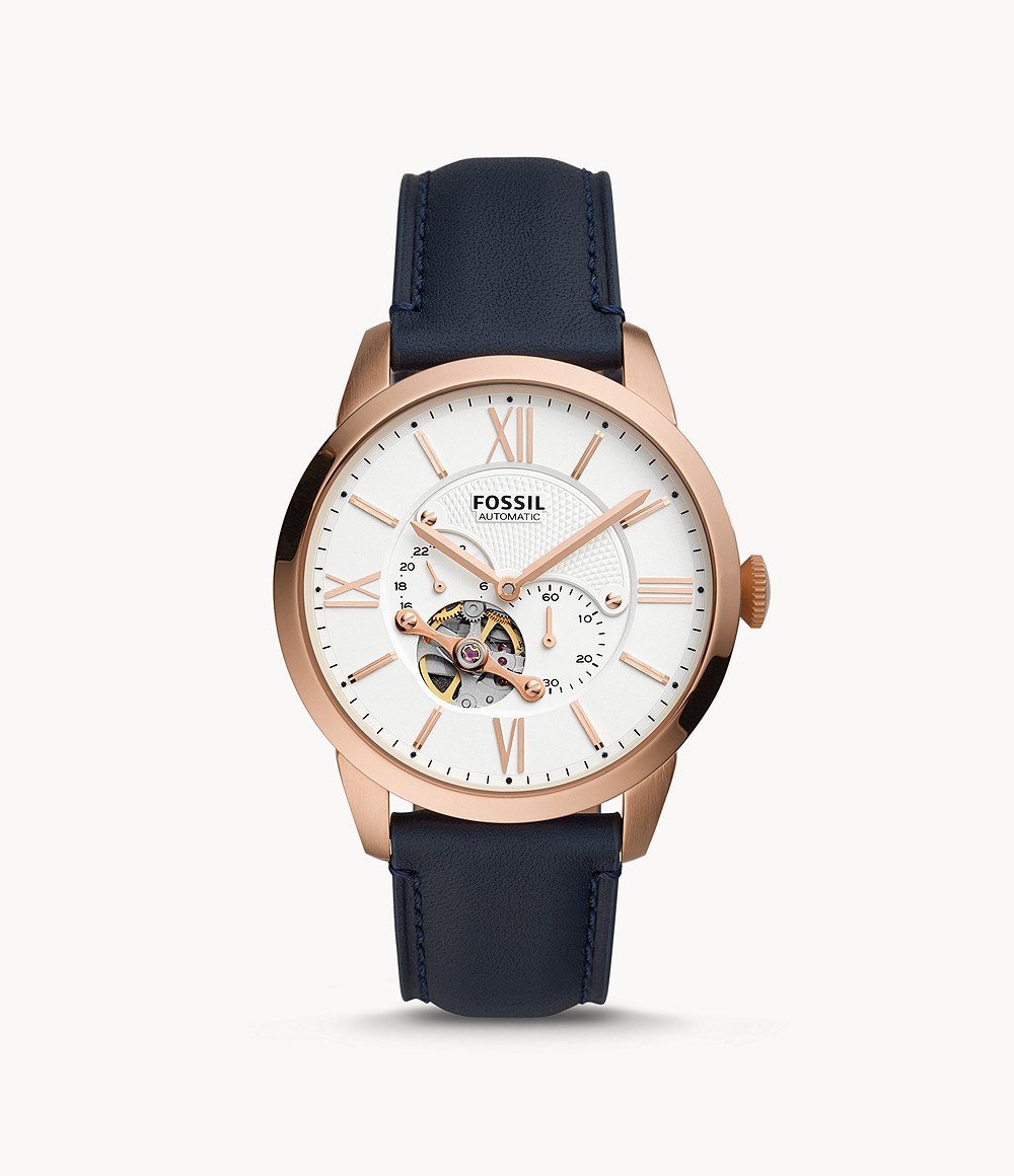 Fossil ME3171 นาฬิกาผู้ชาย Townsman Automatic Navy Leather Men's Watch