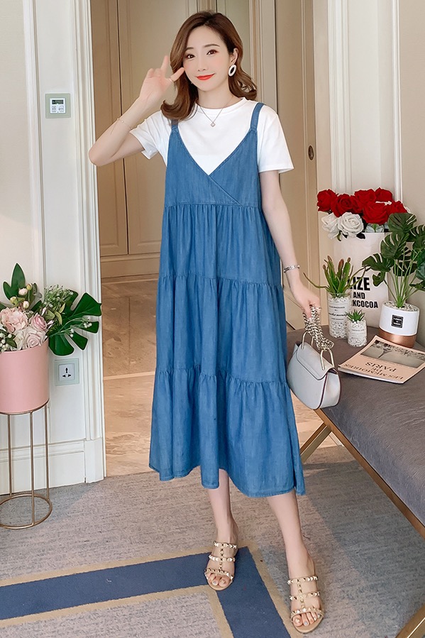 เอี๊ยมกระโปรงคลุมท้องผ้ายีนส์ +เสื้อยืดคอกลม เอี๊ยมยีนส์เนื้อนิ่ม ใส่สบาย ใส่ได้ถึงคลอด M L XL XXL