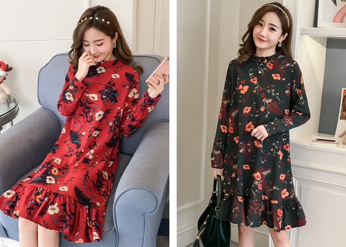 ชุดคลุมท้องแขนยาว ผ้าชีฟอง ลายดอกไม้น่ารัก ทำระบายที่คอและกระโปรง M L XL XXL