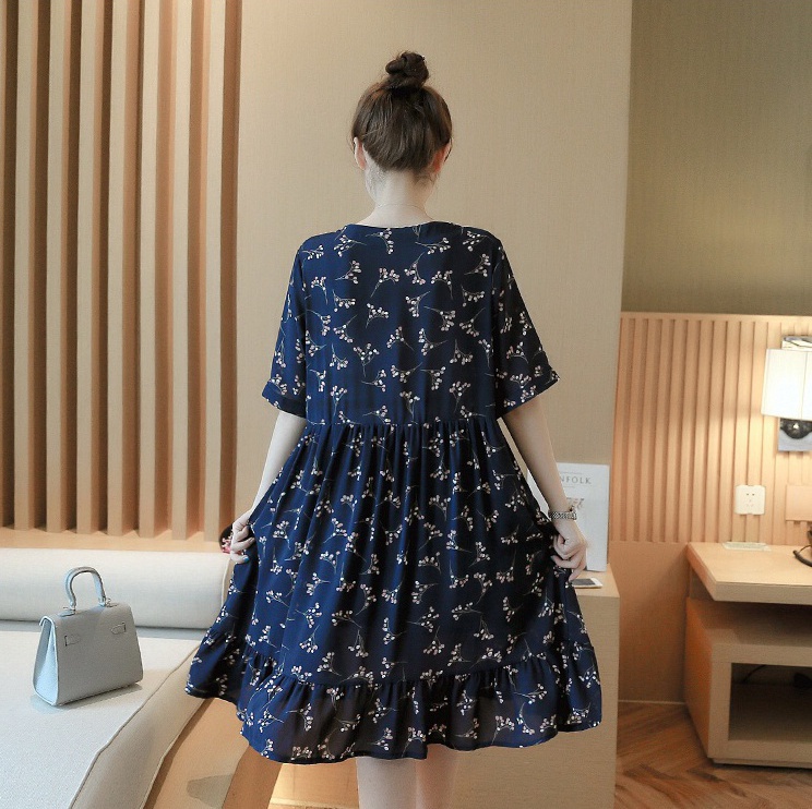 เดรสคนท้อง น้ำเงินลายดอกไม้ ผ้านิ่มใส่สบาย M,L,XL,XXL