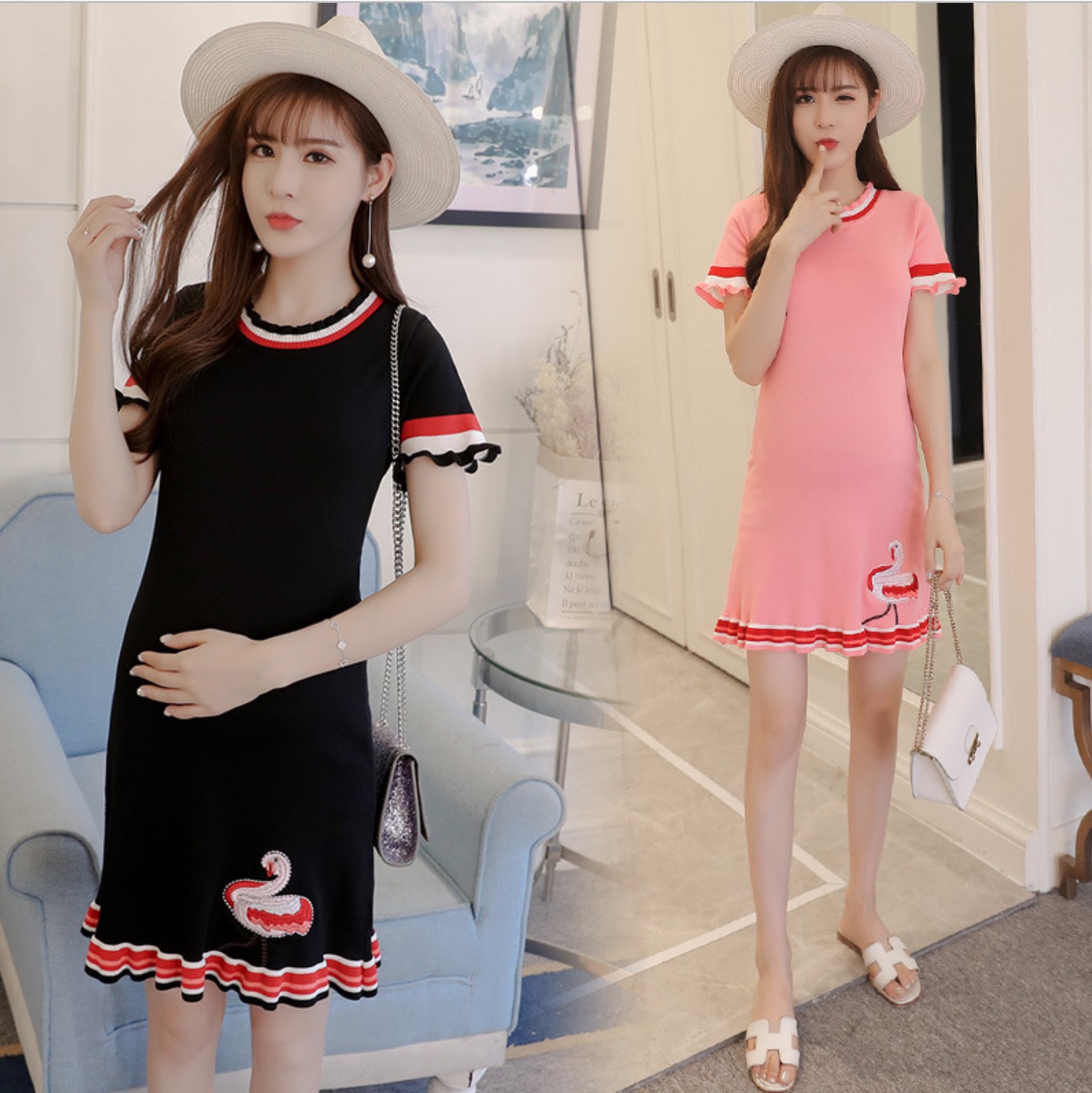 เดรสคลุมท้องแฟชั่นไหมพรม ลายนกฟลามิงโก้ ชุดน่ารัก ใส่เข้ารูป น่ารักมากจ้า