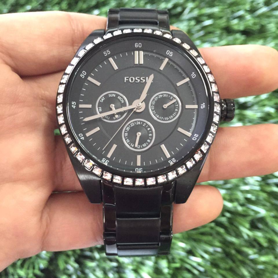 ของแท้ Wall Clock Poslo Ladies BQ3041 Fossil Chronograph Stainless Steel Black Rhinestone