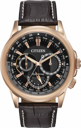 Citizen BU2023-12E นาฬิกาข้อมือผู้ชาย Eco-Drive Calendrier World Time Leather Men's Watch