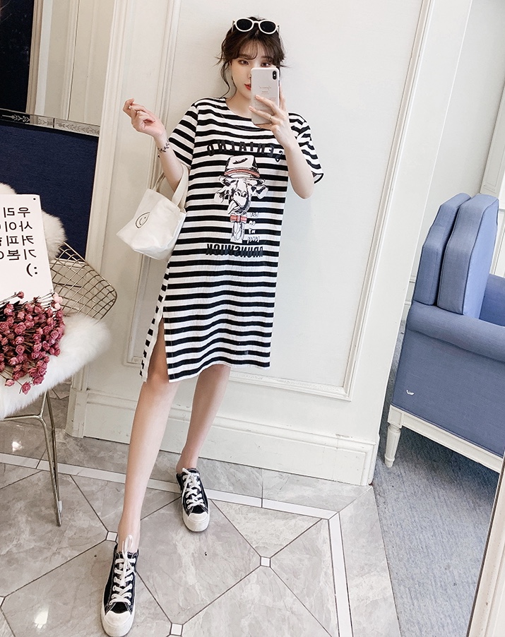 ชุดคลุมท้องแฟชั่นแขนสั้น ลายทาง สไตล์วินเทจ ผ่าข้าง น่ารัก ชิคๆ M L XL XXL