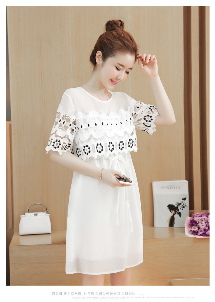 ชุดคลุมท้องทรงน่ารัก ผ้าชีฟอง ช่วงรอบอกประดับด้วยลูกไม้ มีเชือกผูกปรับขนาดครรภ์ด้านหน้า M L XL XXL