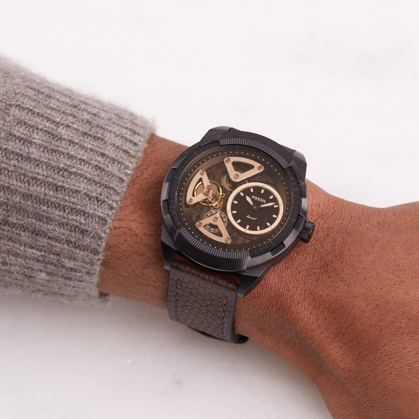 Fossil ME1172 นาฬิกาผู้ชาย Bronson Twist Brown Leather Mechanical Men's Watch