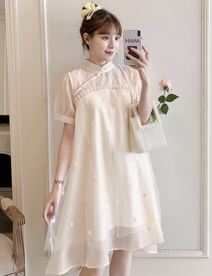 เดรสคลุมท้องแฟชั่นเกาหลี คอจีน ช่วงบนซีทรูแต่งระบาย แขนตุ๊กตา มีซับใน น่ารักเกินร้อย M L XL XXL