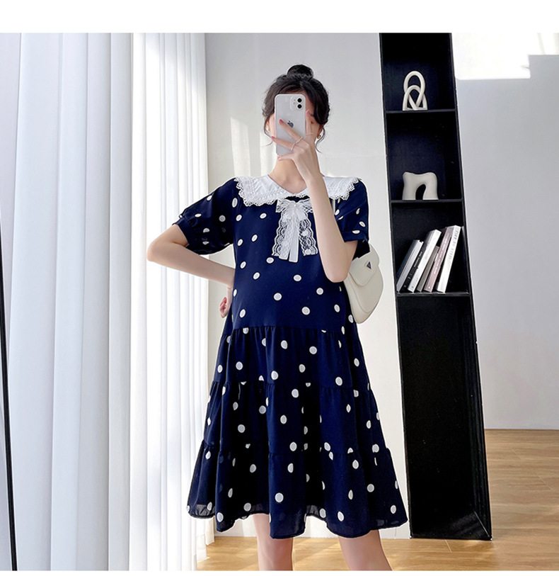 ชุดคลุมท้องแฟชั่นเกาหลี ผ้าชีฟองลายจุด คอแขนตุ๊กตา แต่งด้วยโบว์ มีซับใน ใส่ดีมาก M L XL XXL