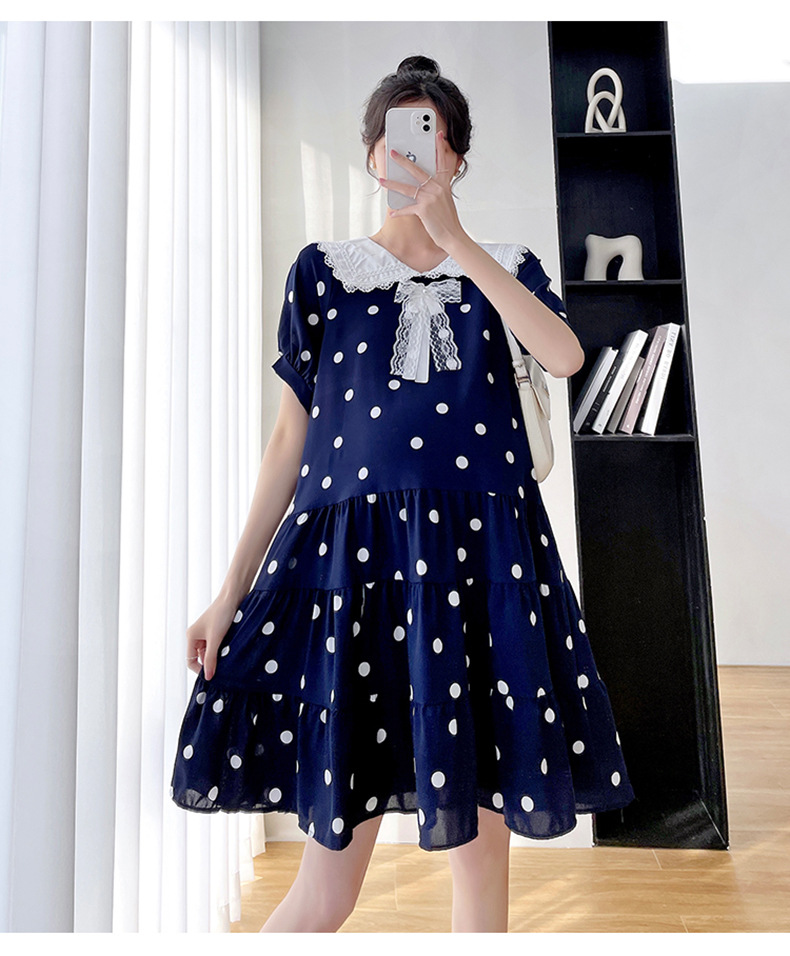 ชุดคลุมท้องแฟชั่นเกาหลี ผ้าชีฟองลายจุด คอแขนตุ๊กตา แต่งด้วยโบว์ มีซับใน ใส่ดีมาก M L XL XXL